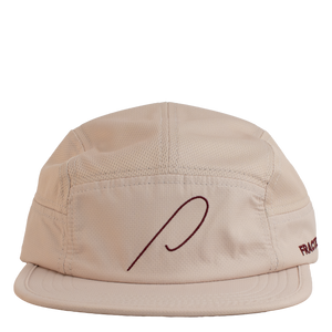 A light pink running cap with the Patricia 'P' embroidered in maroon on the front panel, and Fractel on the left panel.