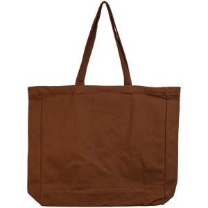 The back of a brown canvas tote bag.