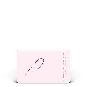 A rectangular pink gift card with rounded corners, featuring a logo and vertical text reading 'PATRICIA COFFEE BREWERS DIGITAL GIFT CARD'.