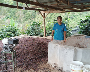 Elias Sanchez stands on a platform next to a pile of red coffee cherries, ready to be processed