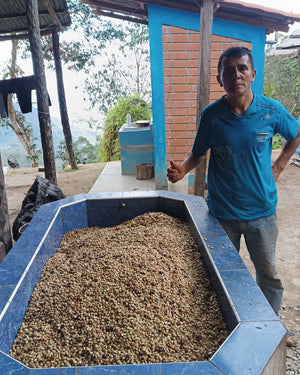 Elias Sanchez standing next to a large blue-tiled tank filled with coffee beans outdoors.
