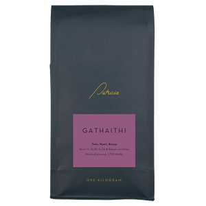 A navy blue recyclable bag containing 1kg of specialty coffee beans. It has the Patricia logo in gold, the coffee's name on a purple sticker, and 'One kilogram' in gold underneath.