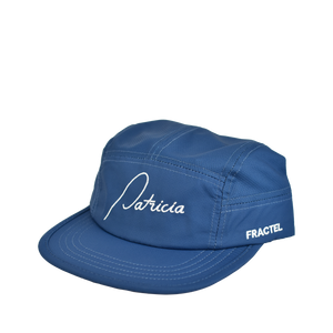 A blue running cap with Patricia embroidered in white on the front panel, and Fractel on the left panel.