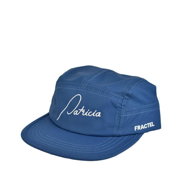 A blue running cap with Patricia embroidered in white on the front panel, and Fractel on the left panel.