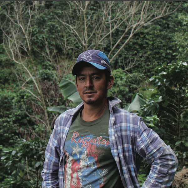 A proud looking man looks directly into the camera, wearing a baseball cap, Reggaeton t-shirt and flannel shirt. He's amidst lush coffee trees and other foliage.