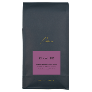 A navy blue recyclable bag containing 1kg of specialty coffee beans. It has the Patricia logo in gold, the coffee's name on a purple sticker, and 'One kilogram' in gold underneath.