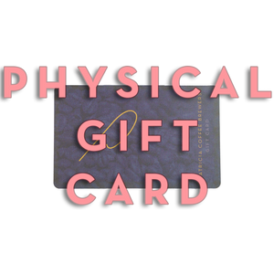 A graphic reading 'PHYSICAL GIFT CARD' in pink lettering over a dark blue gift card.