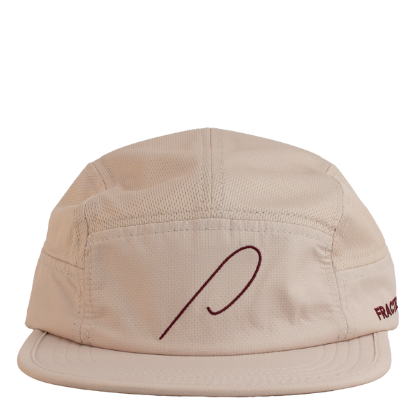 A light pink running cap with the Patricia 'P' embroidered in maroon on the front panel, and Fractel on the left panel.