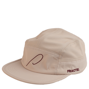 A light pink running cap with the Patricia 'P' embroidered in maroon on the front panel, and Fractel on the left panel.