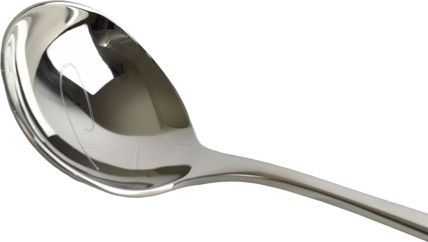 Close-up of the bowl of a stainless steel spoon, for cupping specialty coffee. It has the elegant Patricia 'P' etched into the bowl.